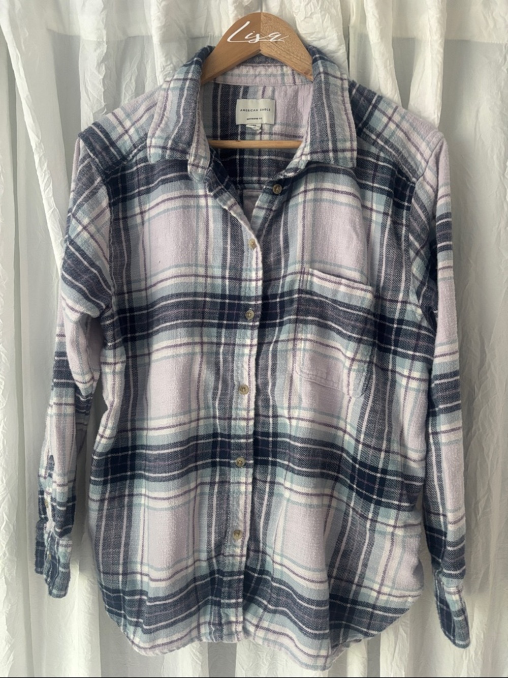 American Eagle Lavender and Navy Plaid Boyfriend Shirt